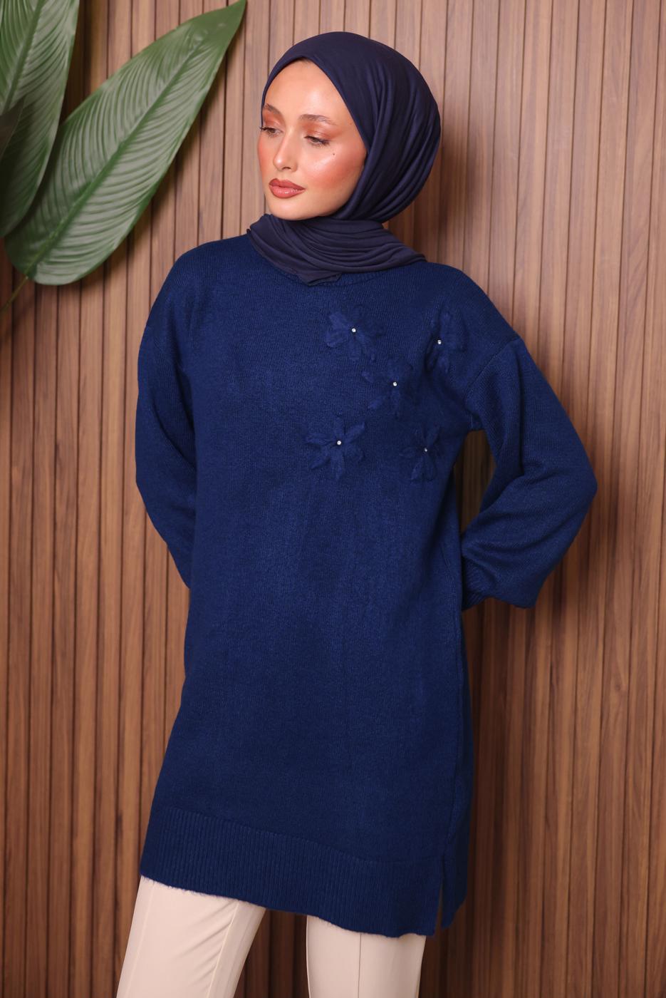 Tesettür giyim LACİVERT TAŞ DETAYLI TRİKO TUNİK T 1207