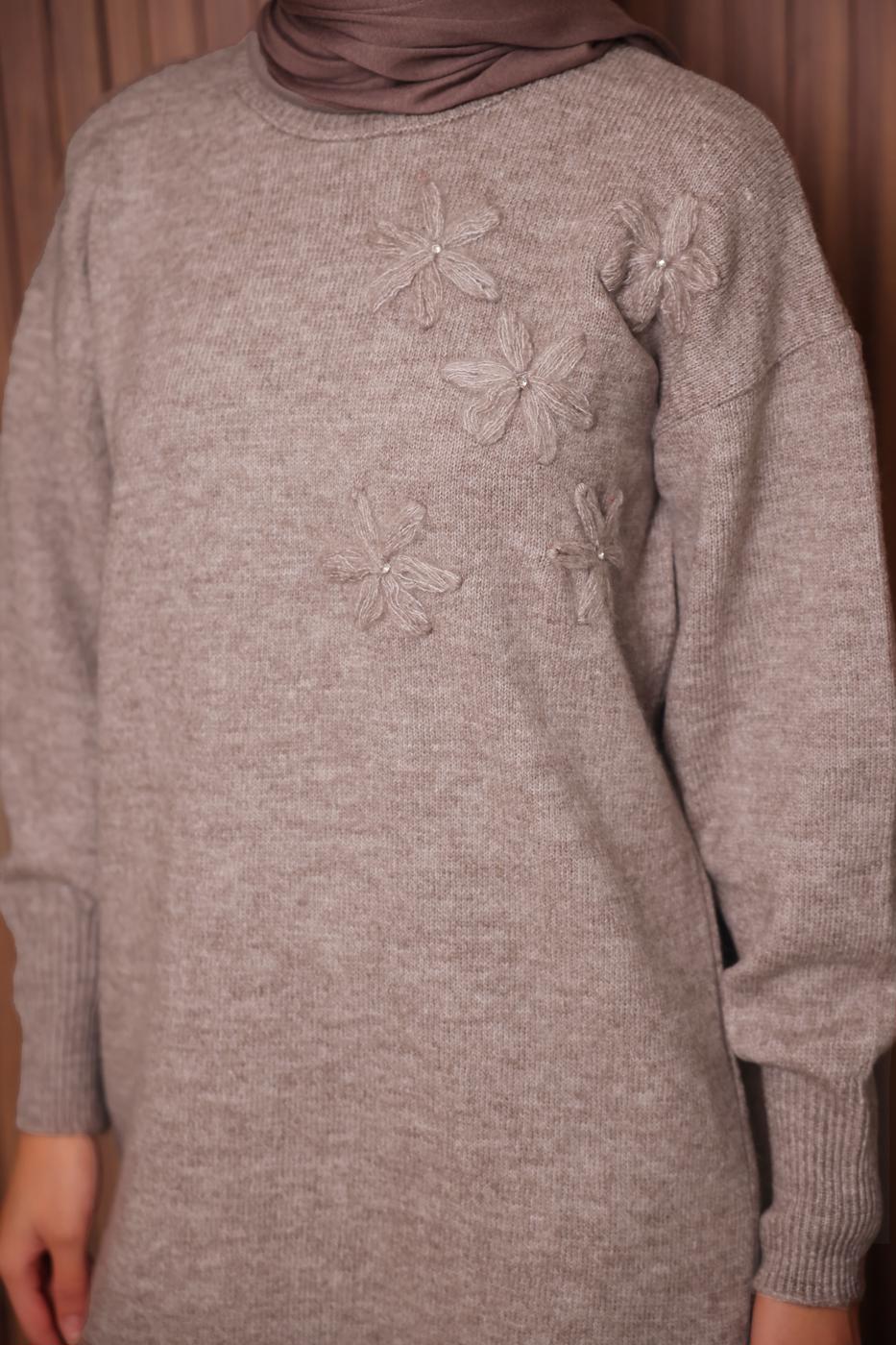 Tesettür giyim VİZON TAŞ DETAYLI TRİKO TUNİK T 1207