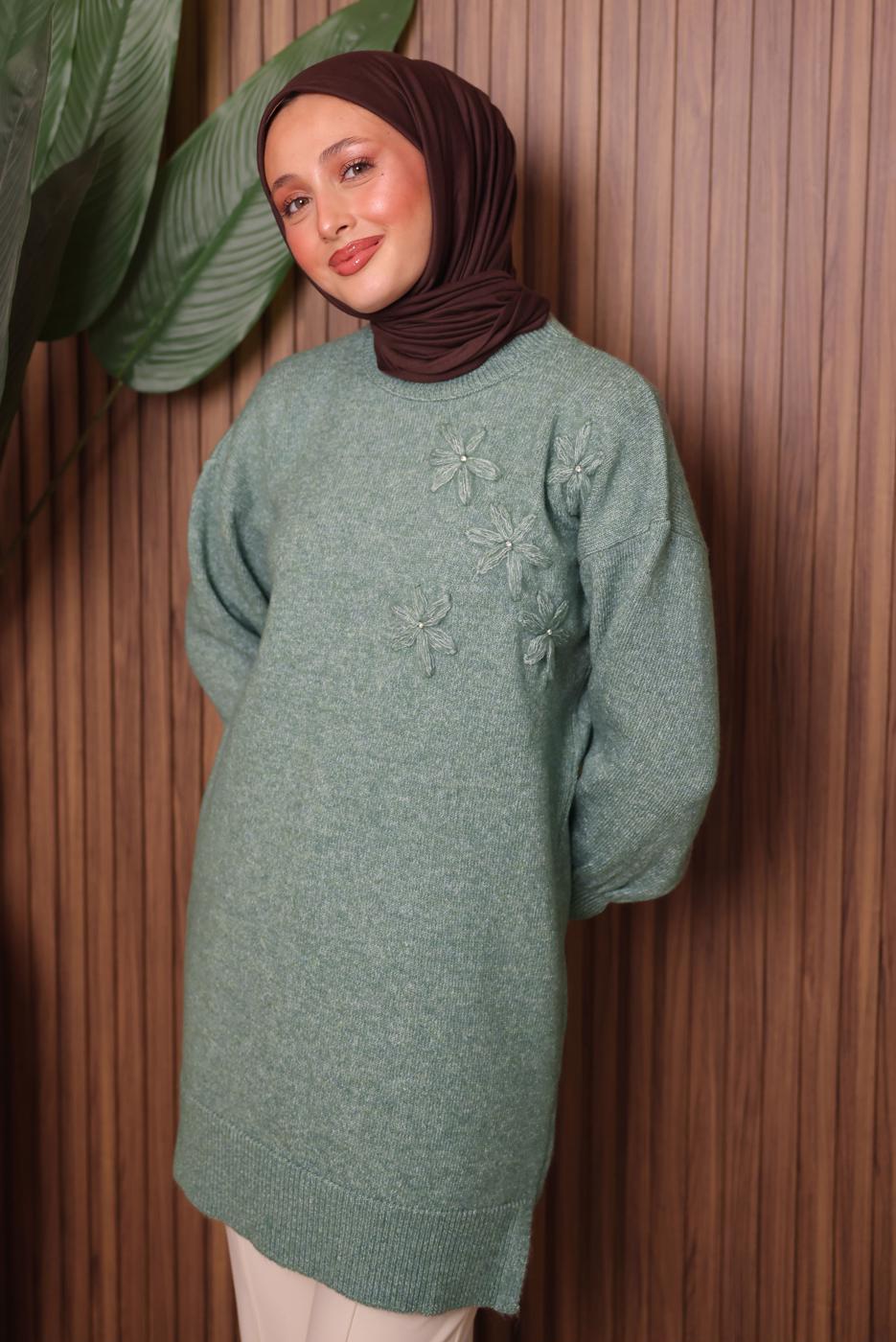 Tesettür giyim YEŞİL TAŞ DETAYLI TRİKO TUNİK T 1207