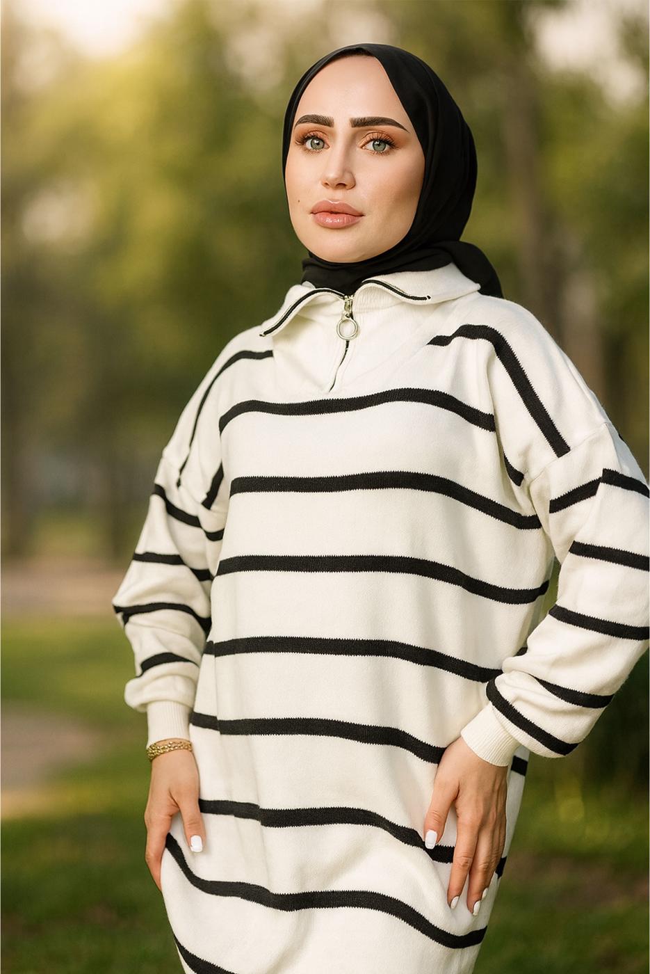 Tesettür giyim SİYAH ÇİZGİLİ TRİKO TUNİK T 1208-1