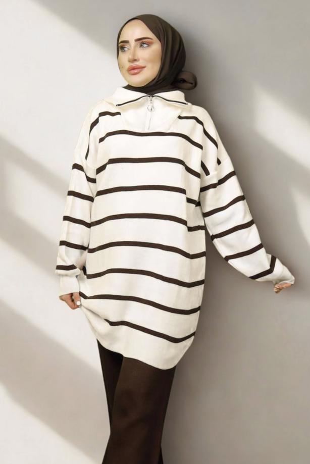 Tesettür giyim KAHVE ÇİZGİLİ TRİKO TUNİK T 1208-1 - TRENDTESETTÜR