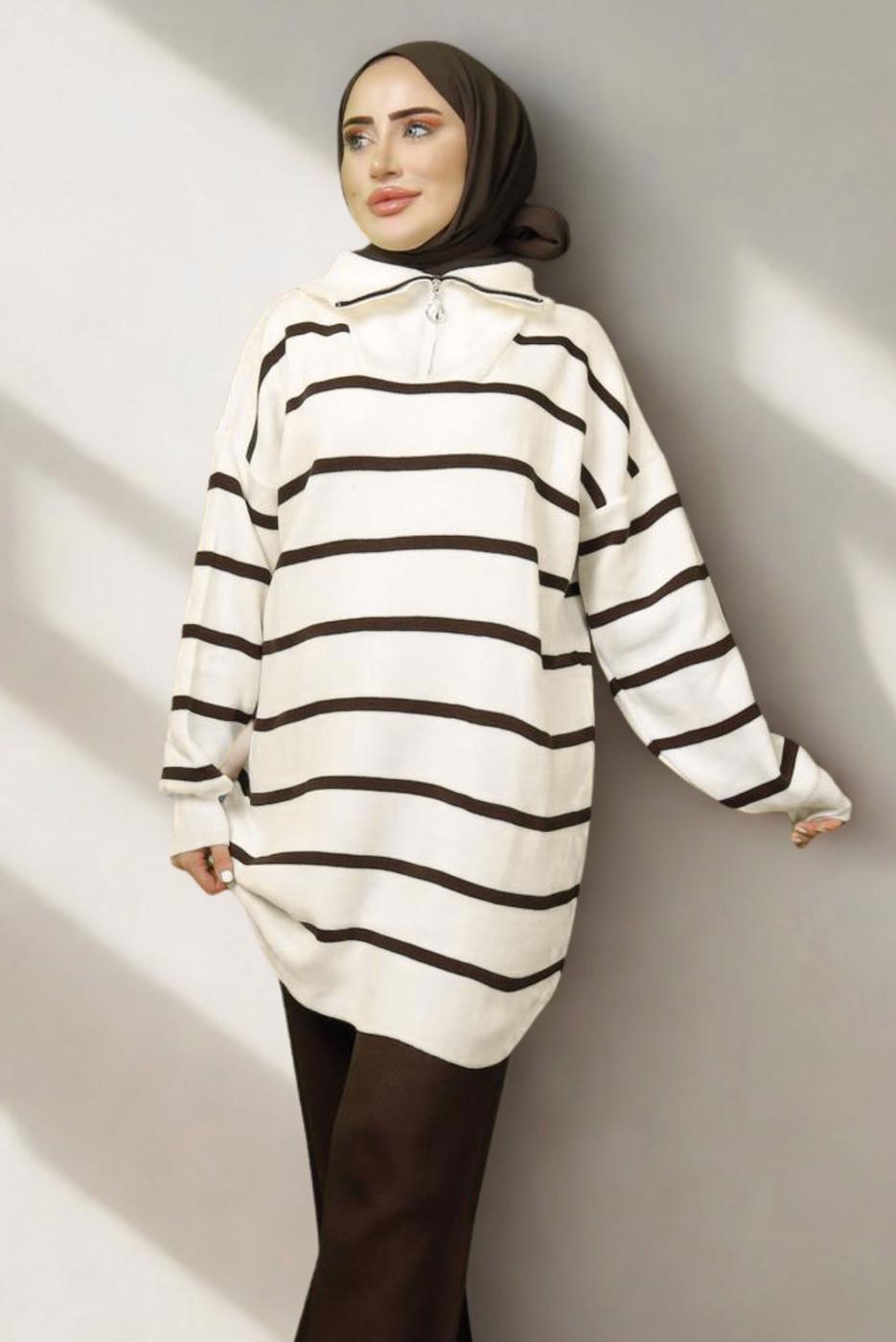 Tesettür giyim KAHVE ÇİZGİLİ TRİKO TUNİK T 1208-1