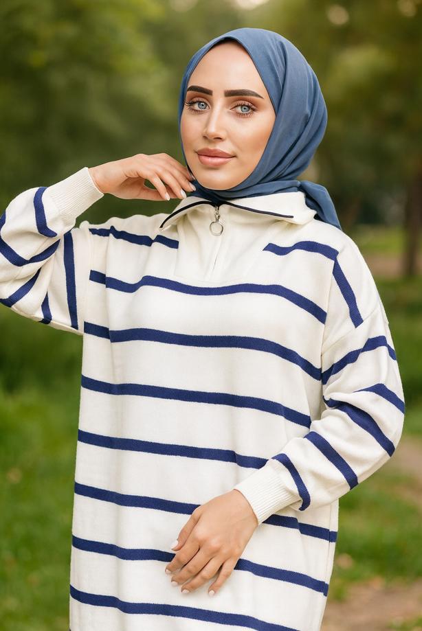 Tesettür giyim LACİVERT ÇİZGİLİ TRİKO TUNİK T 1208-1 - TRENDTESETTÜR