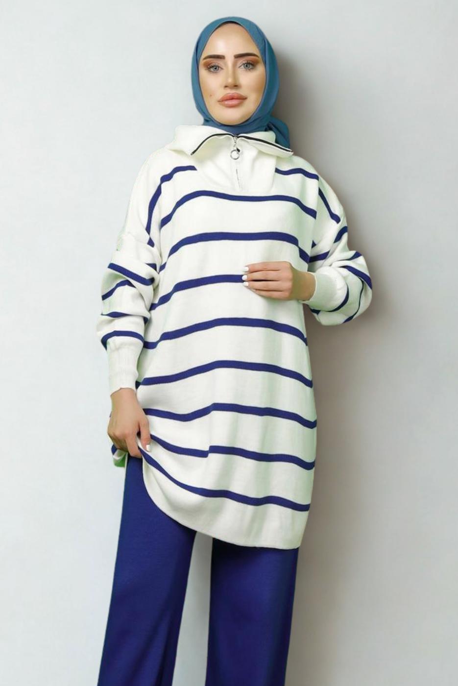 Tesettür giyim LACİVERT ÇİZGİLİ TRİKO TUNİK T 1208-1