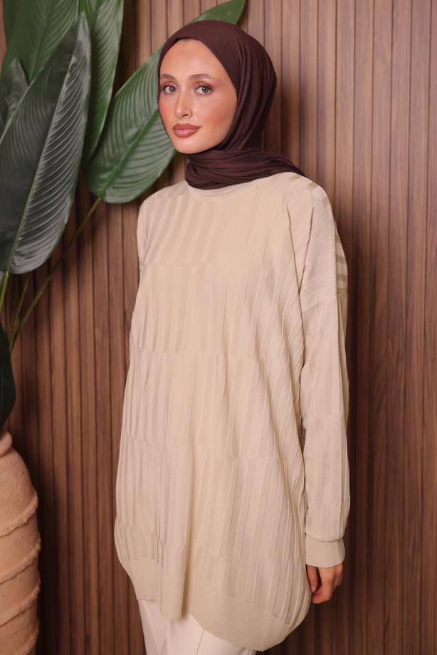 Tesettür giyim BEJ TRİKO TUNİK T 2007 - TRENDTESETTÜR