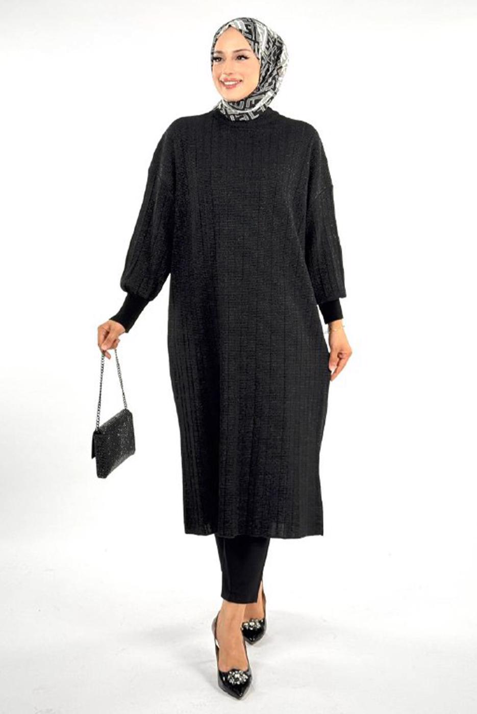 Tesettür giyim SİYAH FİTİLLİ TRİKO TUNİK T 20381