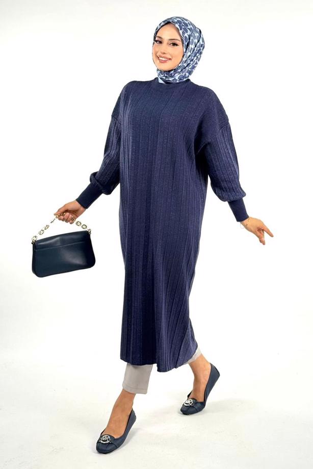 Vêtements hijab BLEU MARINE TUNIQUE EN MAILLE CÔTELÉE T 20381 - TRENDTESETTÜR