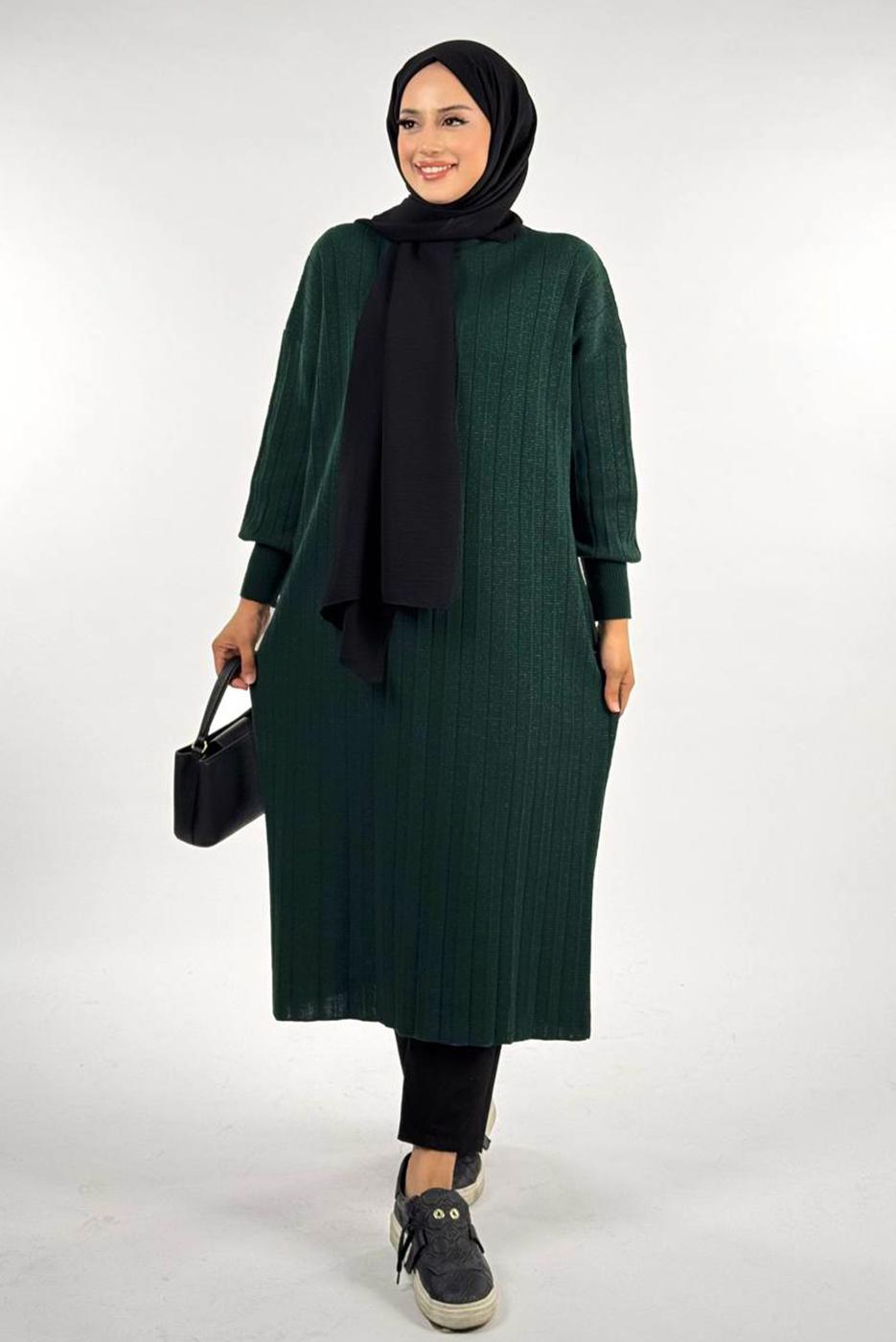 Tesettür giyim YEŞİL FİTİLLİ TRİKO TUNİK T 20381