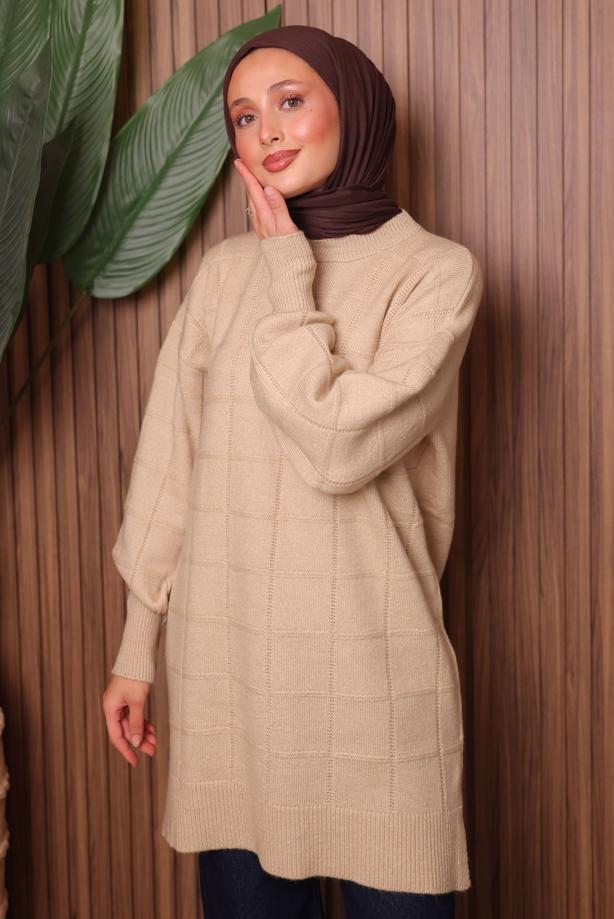Vêtements hijab BEIGE TUNIQUE EN MAILLE T 2107 - TRENDTESETTÜR