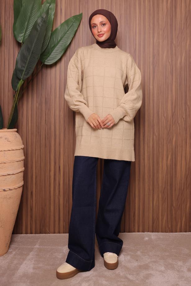 Vêtements hijab BEIGE TUNIQUE EN MAILLE T 2107 - TRENDTESETTÜR