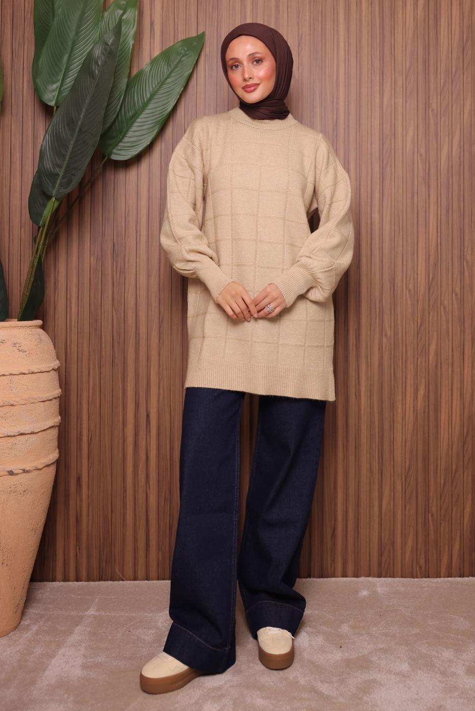 Tesettür giyim BEJ TRİKO TUNİK T 2107