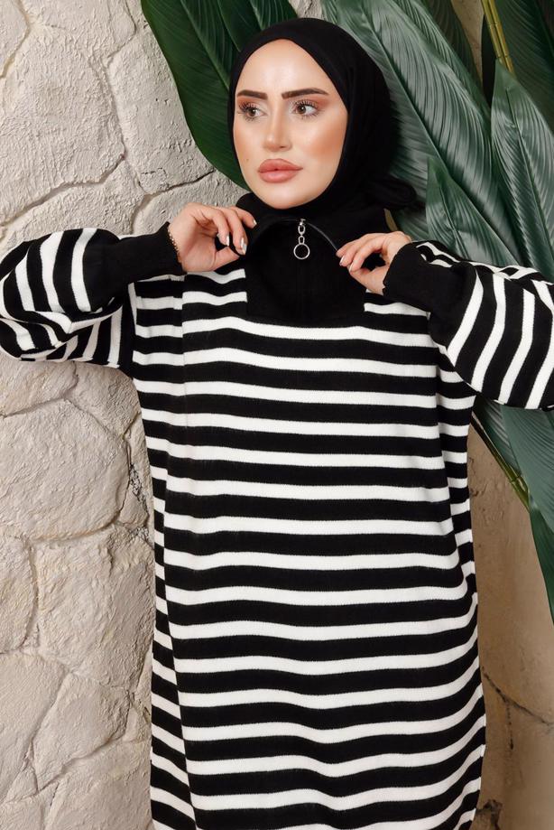 Hijab clothing BLACK STRIPED KNITWEAR TUNIC T 2208-1 - TRENDTESETTÜR