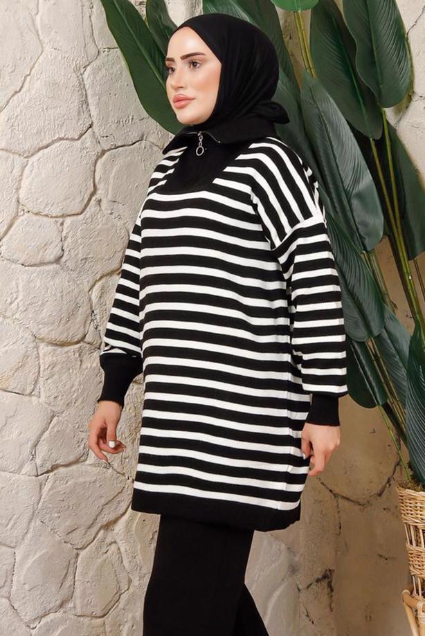 Hijab clothing BLACK STRIPED KNITWEAR TUNIC T 2208-1 - TRENDTESETTÜR