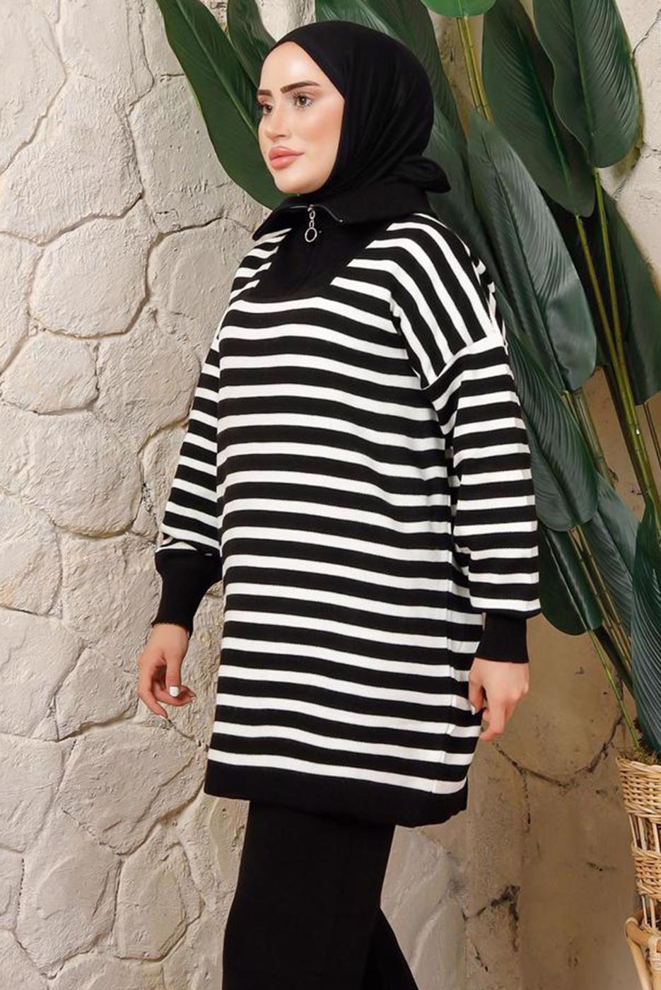Hijab clothing BLACK STRIPED KNITWEAR TUNIC T 2208-1
