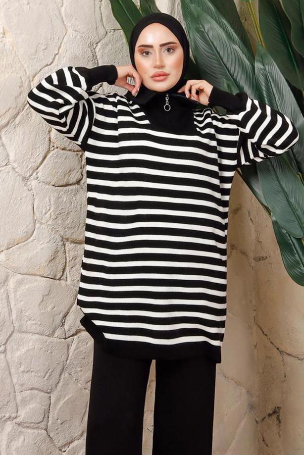 Hijab clothing BLACK STRIPED KNITWEAR TUNIC T 2208-1 - TRENDTESETTÜR