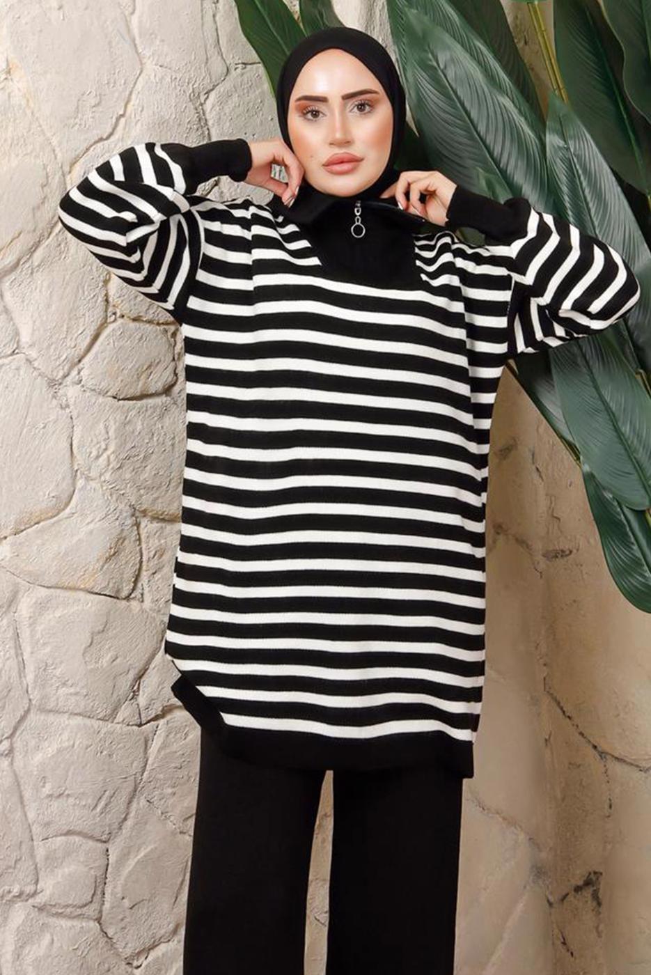 Hijab clothing BLACK STRIPED KNITWEAR TUNIC T 2208-1