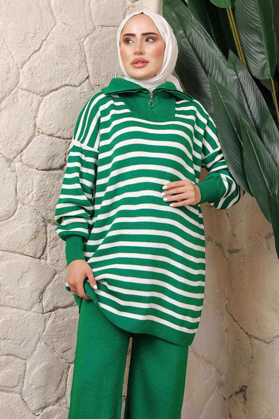 Hijab clothing GREEN STRIPED KNITWEAR TUNIC T 2208-1