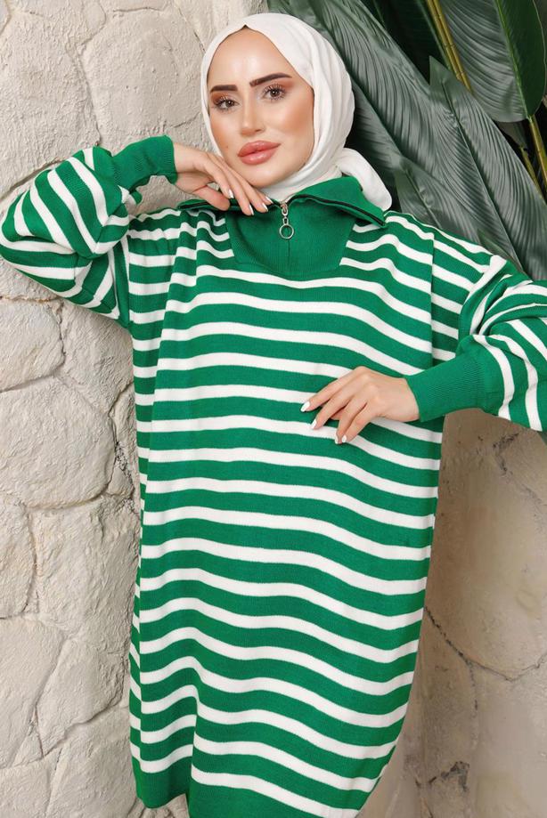 Hijab clothing GREEN STRIPED KNITWEAR TUNIC T 2208-1 - TRENDTESETTÜR