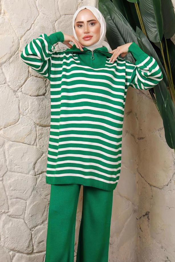 Hijab clothing GREEN STRIPED KNITWEAR TUNIC T 2208-1 - TRENDTESETTÜR