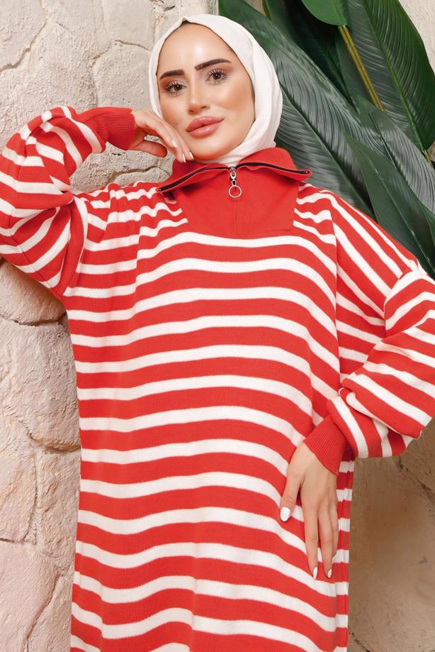 Hijab clothing ORANGE STRIPED KNITWEAR TUNIC T 2208-1 - TRENDTESETTÜR