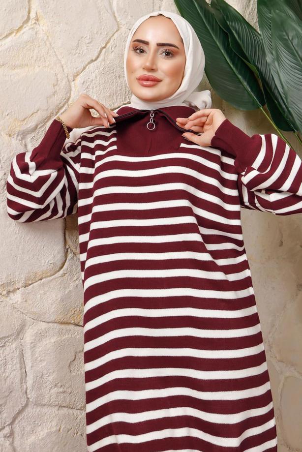 Hijab clothing CLARET RED STRIPED KNITWEAR TUNIC T 2208-1 - TRENDTESETTÜR