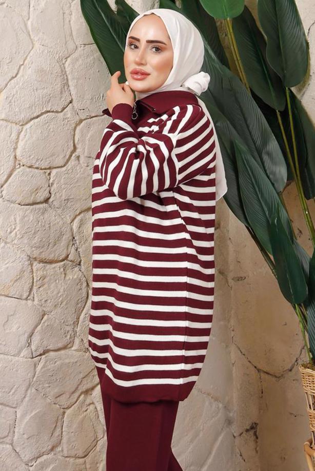 Hijab clothing CLARET RED STRIPED KNITWEAR TUNIC T 2208-1 - TRENDTESETTÜR