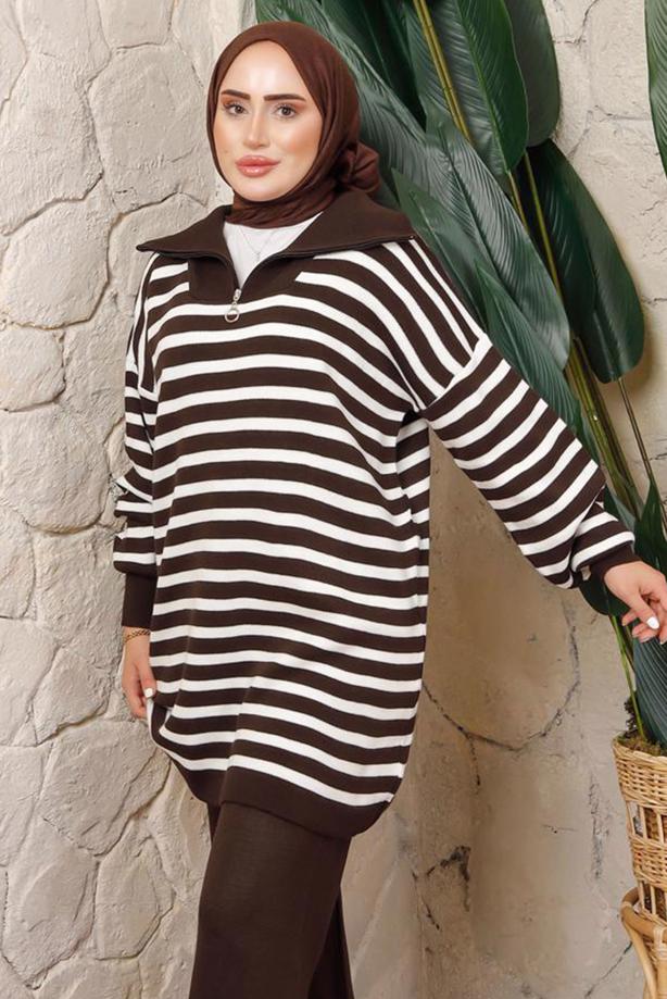 Hijab clothing BROWN STRIPED KNITWEAR TUNIC T 2208-1 - TRENDTESETTÜR