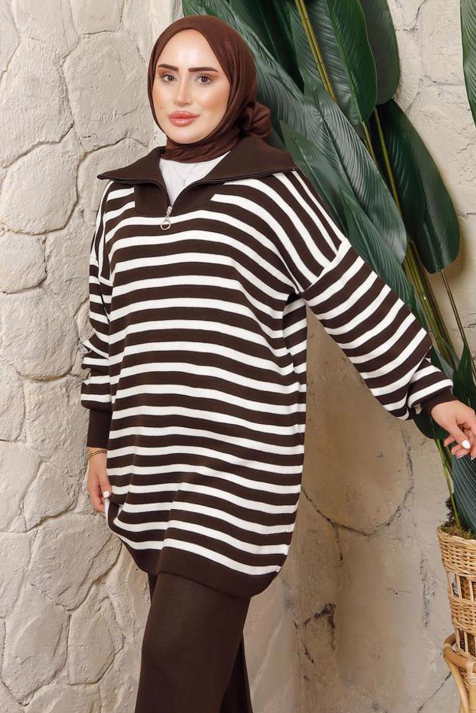 Hijab clothing BROWN STRIPED KNITWEAR TUNIC T 2208-1