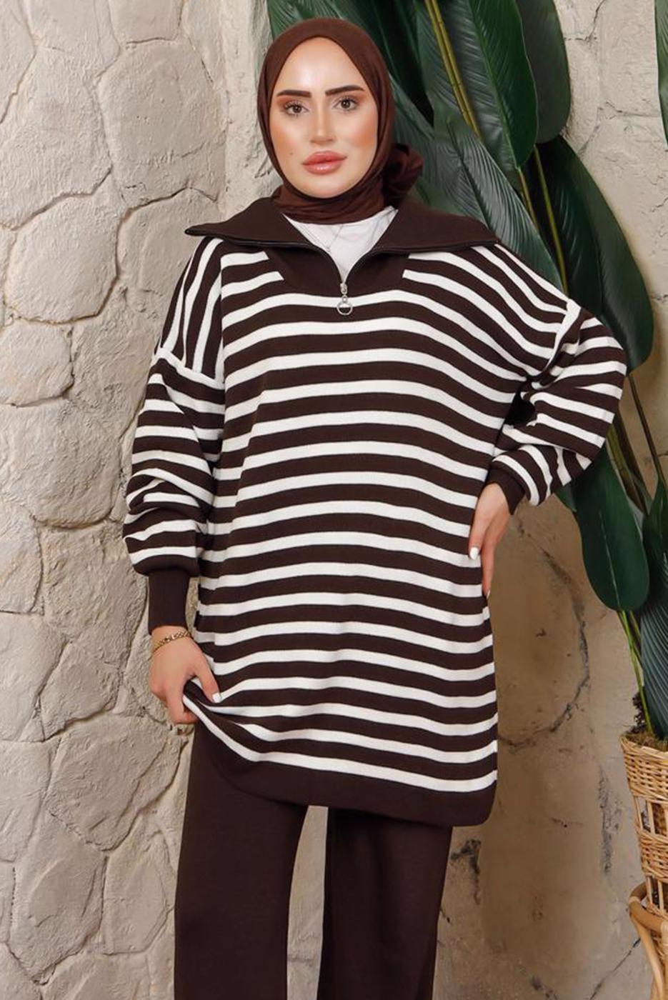 Hijab clothing BROWN STRIPED KNITWEAR TUNIC T 2208-1