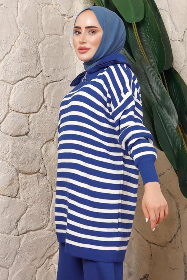 Hijab clothing NAVY BLUE STRIPED KNITWEAR TUNIC T 2208-1 - TRENDTESETTÜR