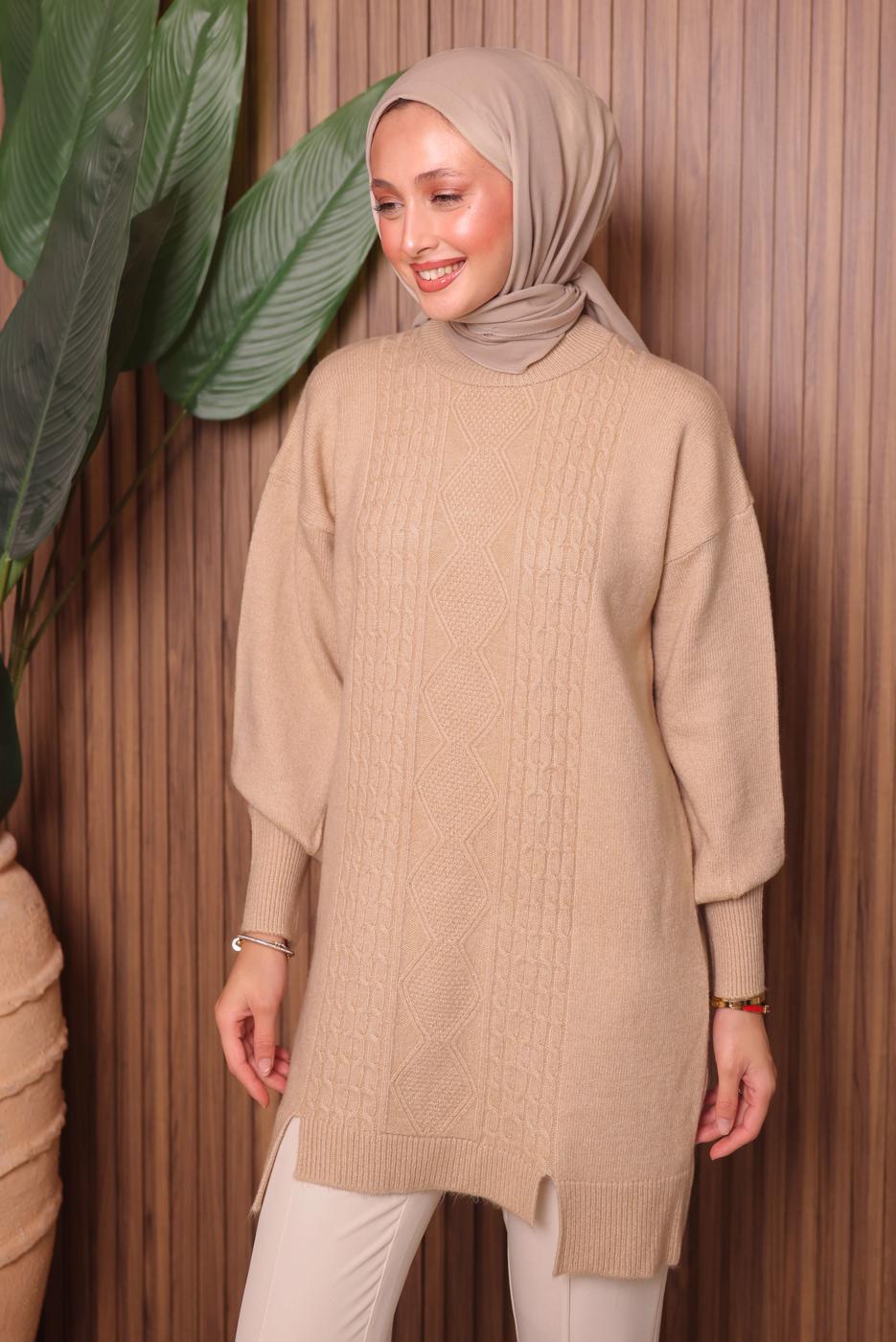 Tesettür giyim BEJ TRİKO TUNİK T 2307 