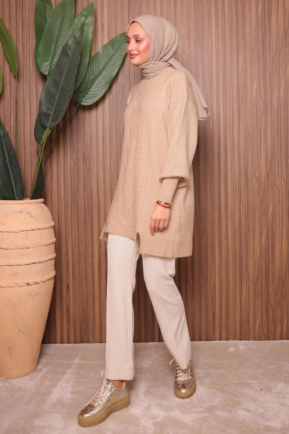 Tesettür giyim BEJ TRİKO TUNİK T 2307 