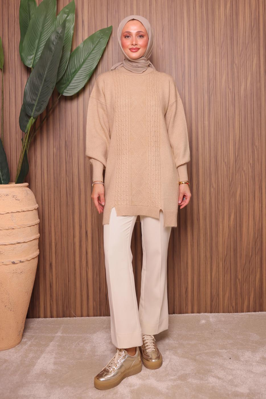 Tesettür giyim BEJ TRİKO TUNİK T 2307 