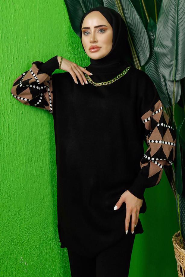 Tesettür giyim SİYAH KOLU DESENLİ TRİKO TUNİK T 3408-1 - TRENDTESETTÜR