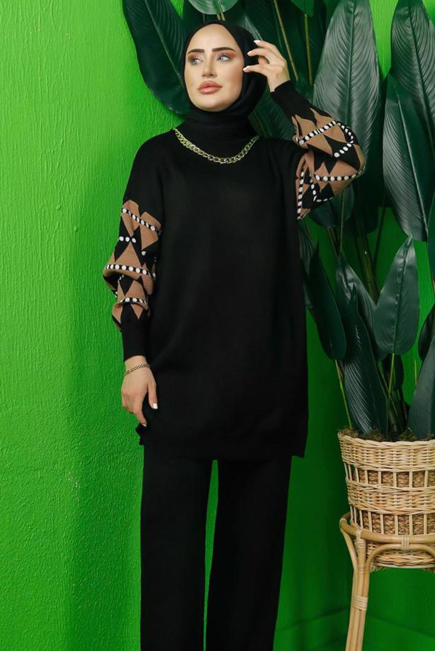 Tesettür giyim SİYAH KOLU DESENLİ TRİKO TUNİK T 3408-1 - TRENDTESETTÜR