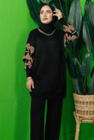 Tesettür giyim SİYAH KOLU DESENLİ TRİKO TUNİK T 3408-1