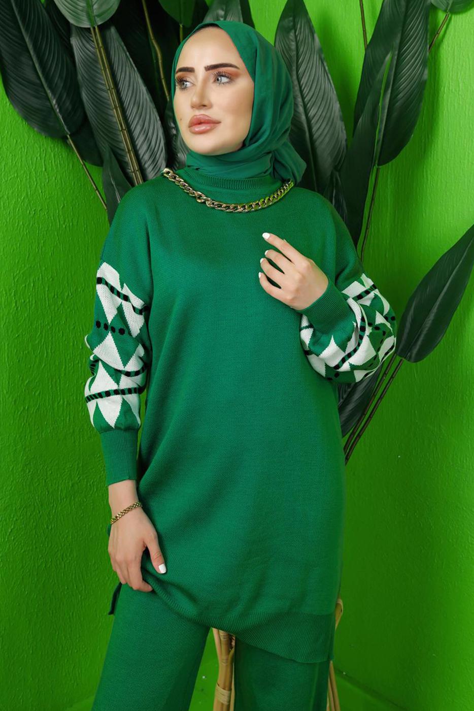 Tesettür giyim YEŞİL KOLU DESENLİ TRİKO TUNİK T 3408-1