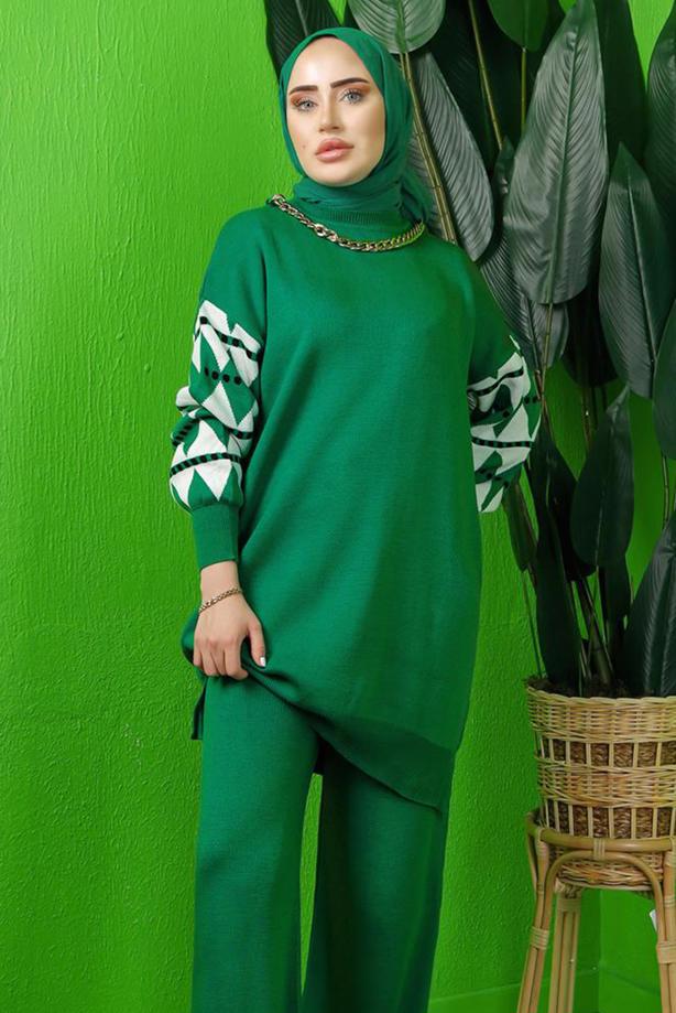Tesettür giyim YEŞİL KOLU DESENLİ TRİKO TUNİK T 3408-1 - TRENDTESETTÜR