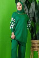 Tesettür giyim YEŞİL KOLU DESENLİ TRİKO TUNİK T 3408-1