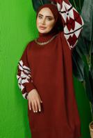 Tesettür giyim BORDO KOLU DESENLİ TRİKO TUNİK T 3408-1