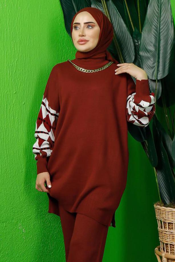 Tesettür giyim BORDO KOLU DESENLİ TRİKO TUNİK T 3408-1 - TRENDTESETTÜR