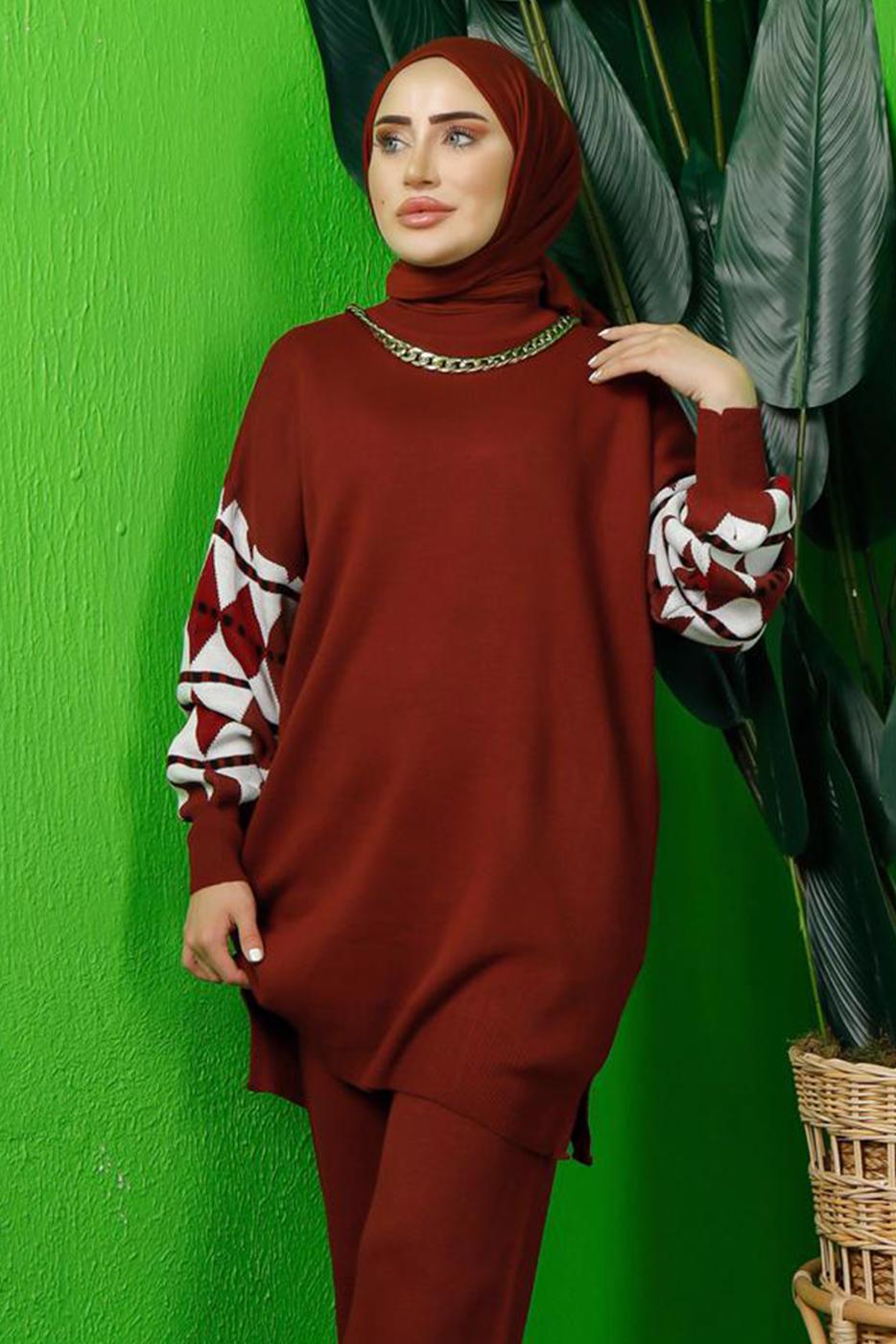Tesettür giyim BORDO KOLU DESENLİ TRİKO TUNİK T 3408-1