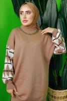 Tesettür giyim KAHVE KOLU DESENLİ TRİKO TUNİK T 3408-1