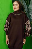 Tesettür giyim KAHVE KOLU DESENLİ TRİKO TUNİK T 3408-1