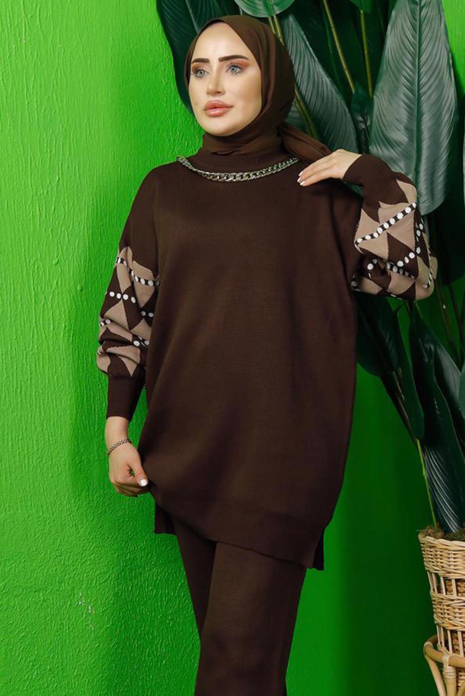 Tesettür giyim KAHVE KOLU DESENLİ TRİKO TUNİK T 3408-1