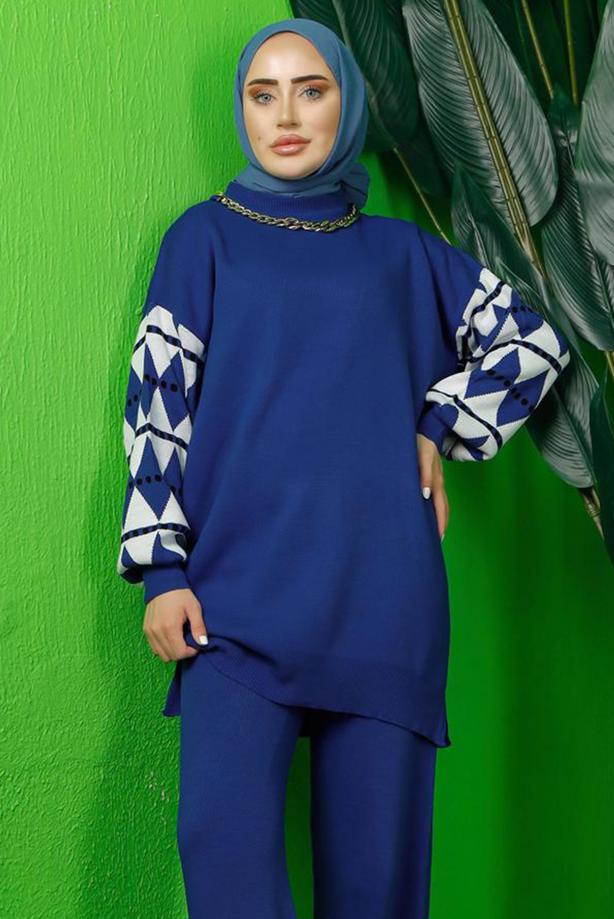 Tesettür giyim LACİVERT KOLU DESENLİ TRİKO TUNİK T 3408-1 - TRENDTESETTÜR