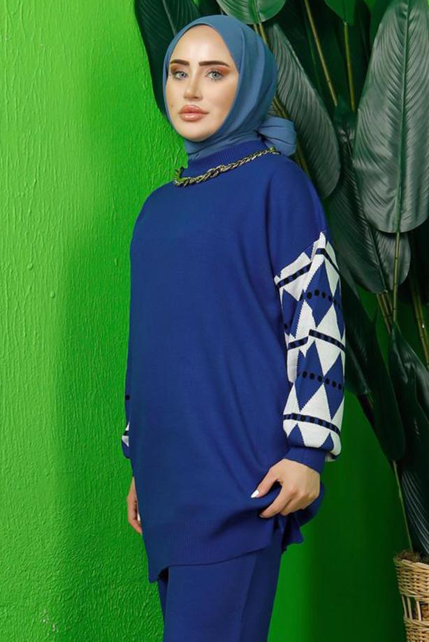 Tesettür giyim LACİVERT KOLU DESENLİ TRİKO TUNİK T 3408-1 - TRENDTESETTÜR