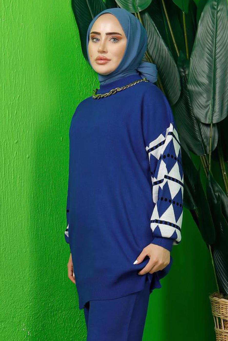 Tesettür giyim LACİVERT KOLU DESENLİ TRİKO TUNİK T 3408-1