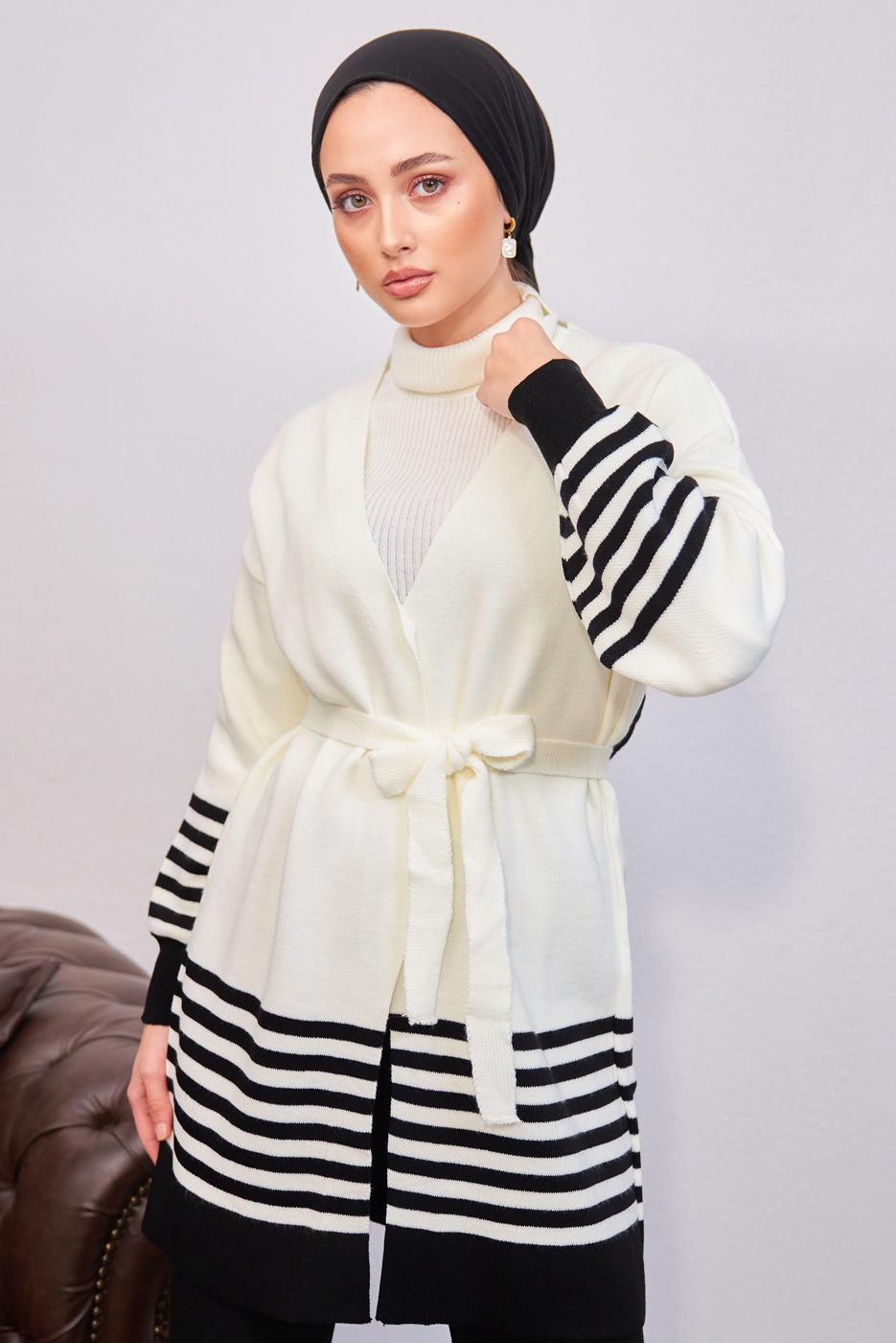 Tesettür giyim SİYAH KUŞAKLI TRİKO HIRKA T 3708-1