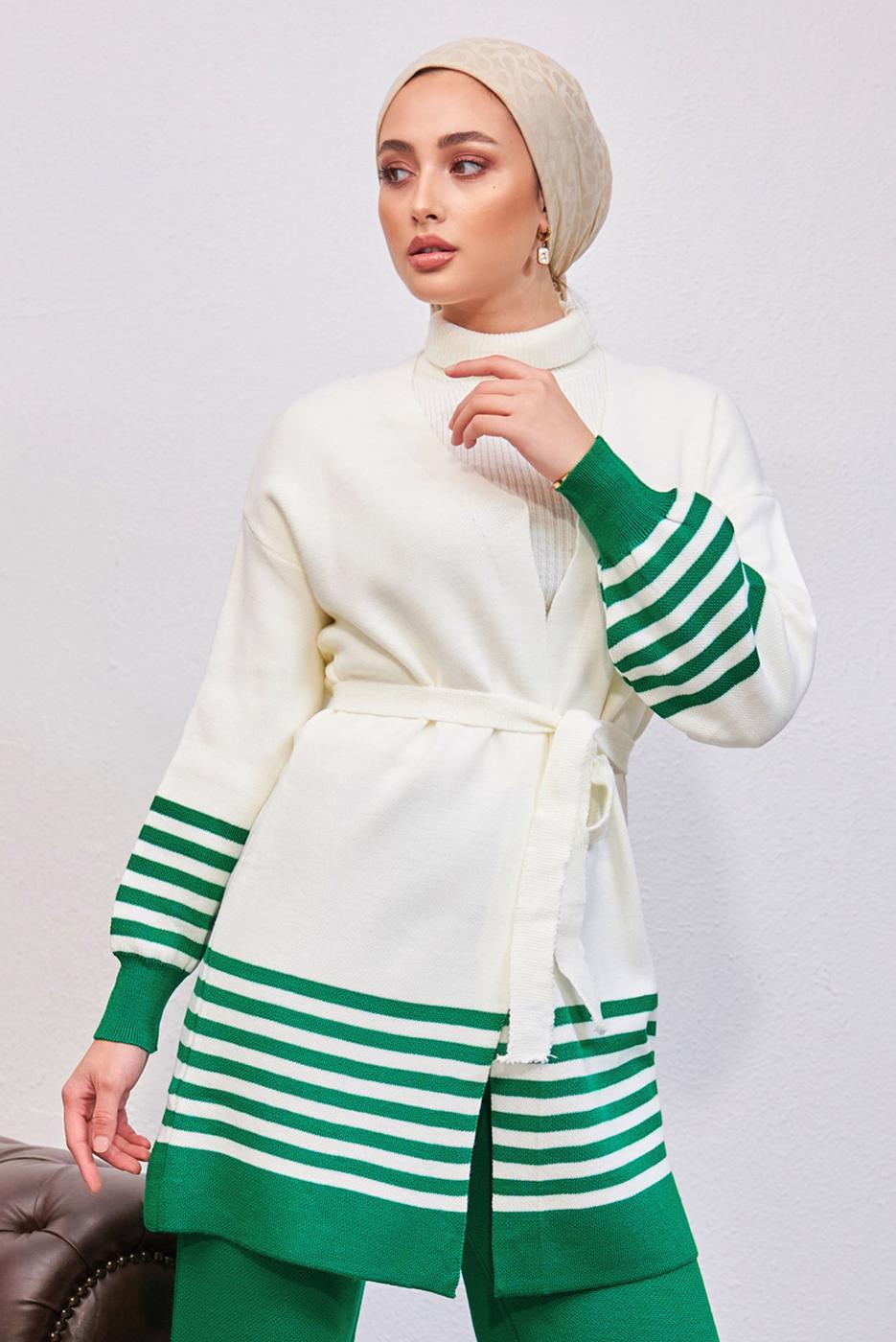 Tesettür giyim YEŞİL KUŞAKLI TRİKO HIRKA T 3708-1
